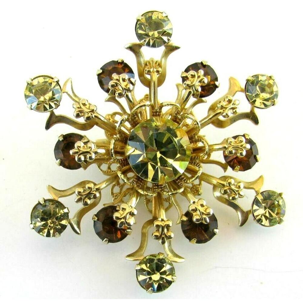 Mid Century Riveted Brooch Pin Brilliant Light Green & Amber Rhinestone Layered
